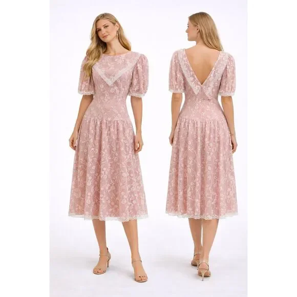 Vintage Gunne Sax Pink Lace & Satin Prairie Dress | Puff Sleeves - Picture 1 of 13